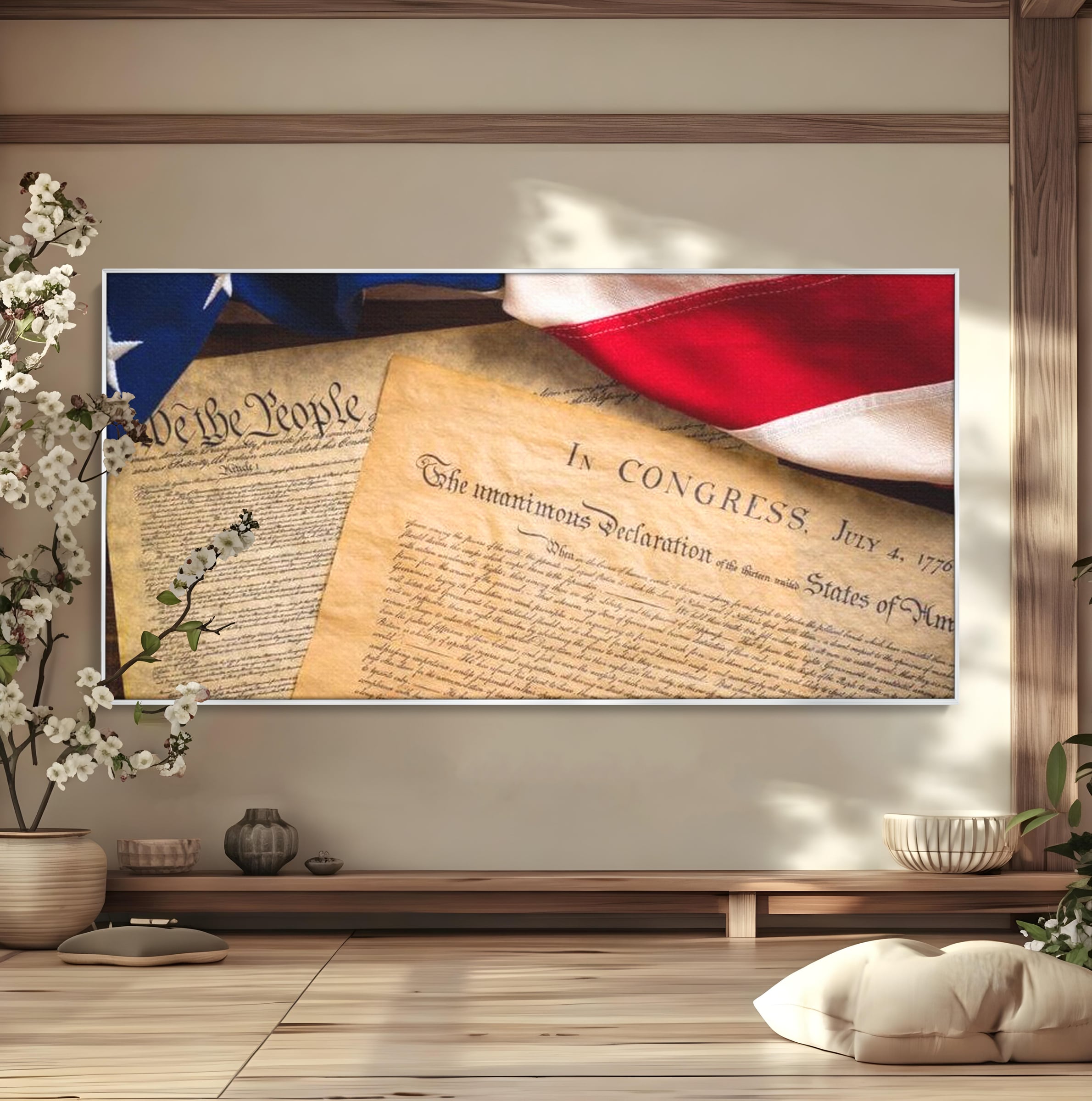 Tablou canvas cu tablou canvas cu steag si documente istorice, in rama de aluminiu argintiu